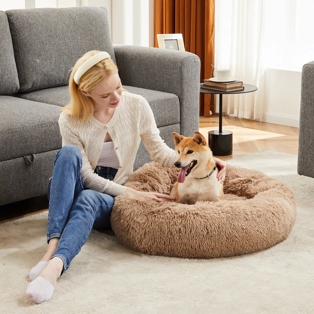 Sweetcrispy Premium Soothing Donut Pet Bed for Cats and Dogs | Machine-Washable Cozy Nest | Plush Waterproof Faux Fur | Non-Slip Base for Small Breeds