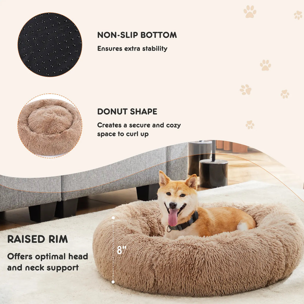Sweetcrispy Premium Soothing Donut Pet Bed for Cats and Dogs | Machine-Washable Cozy Nest | Plush Waterproof Faux Fur | Non-Slip Base for Small Breeds