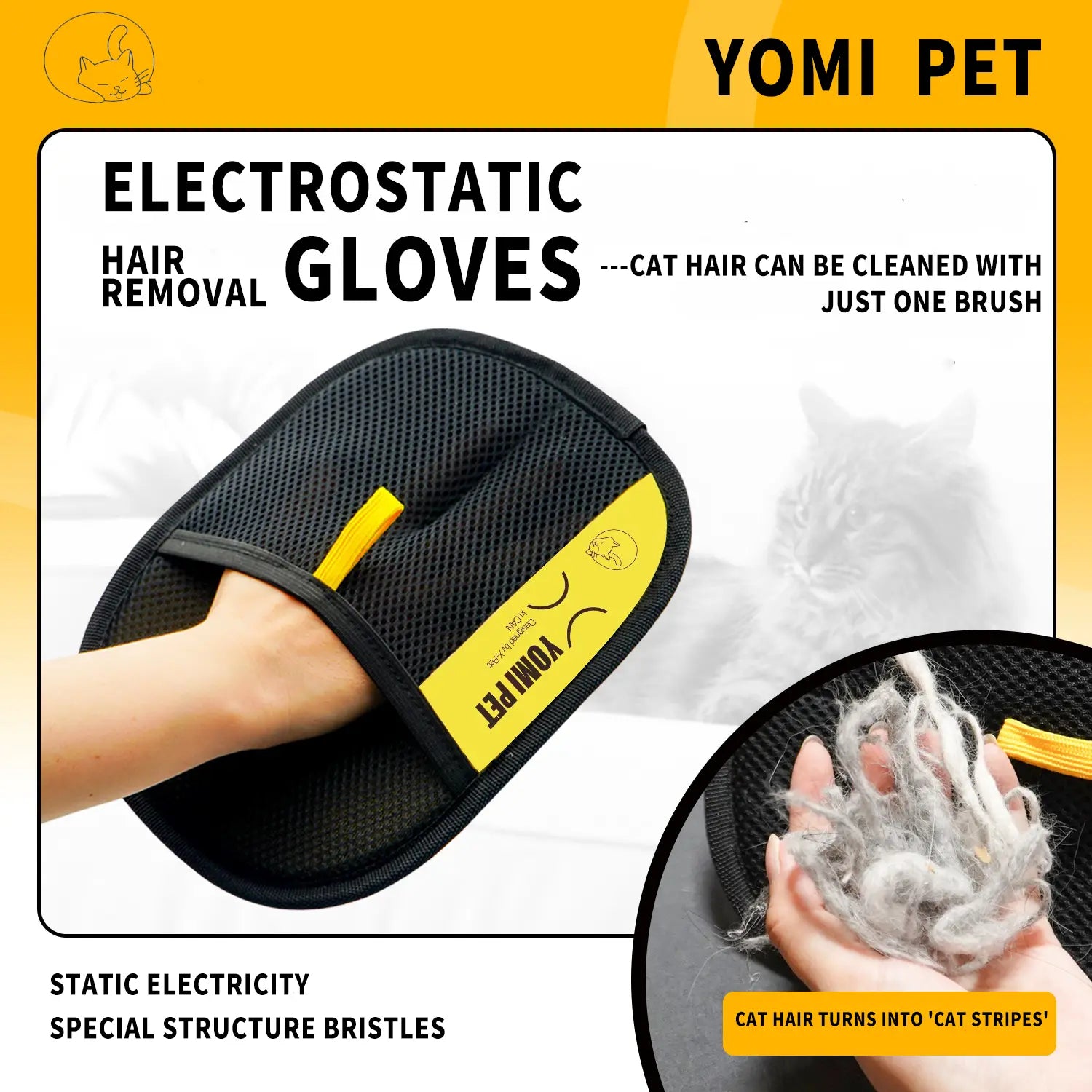 YOMI PET Electrostatic Hair Removal Gloves - Dual-Sided Brush for Effective Cat and Dog Hair Grooming and Cleaning